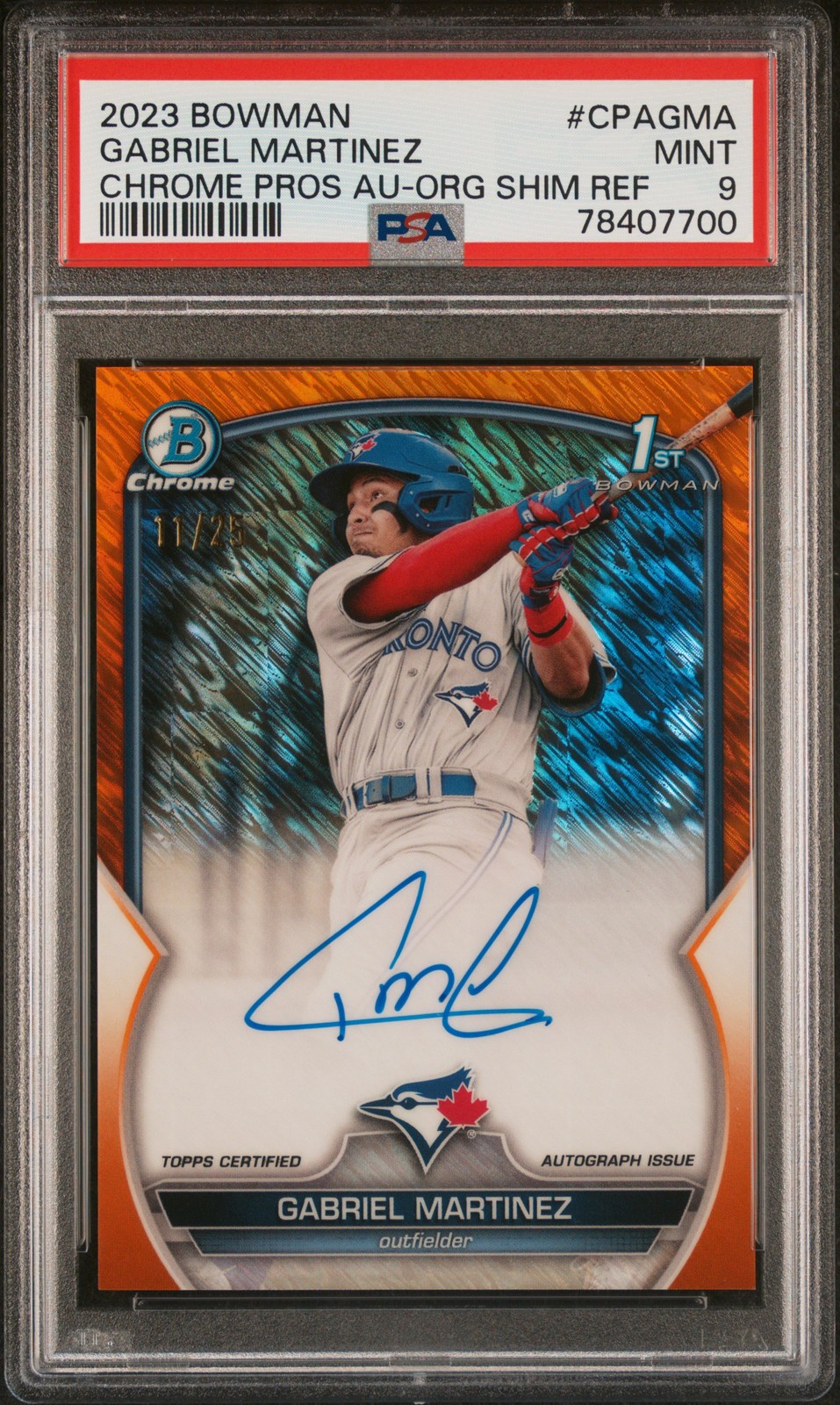 2023 Bowman Gabriel Martinez Chrome Prospect Auto Orange Shimmer #/25 PSA 9