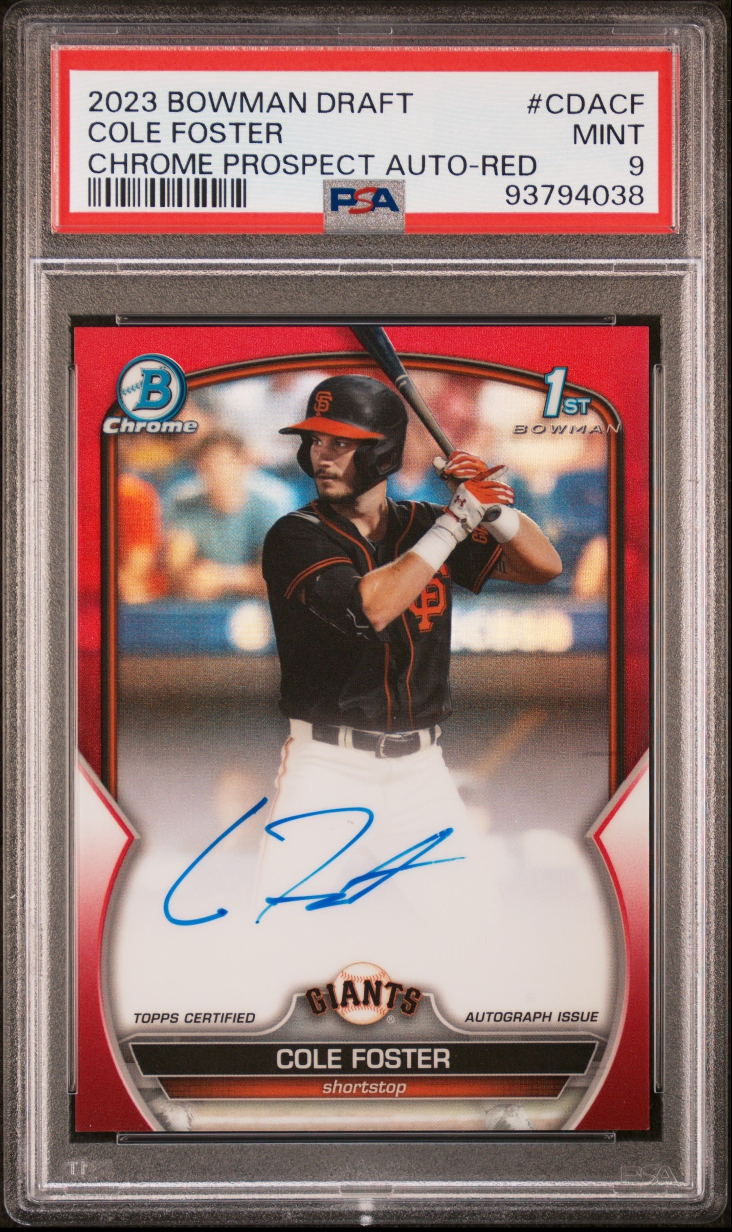 2023 Bowman Draft Cole Foster Chrome Prospect Autographs Red Refractor #/5 PSA 9