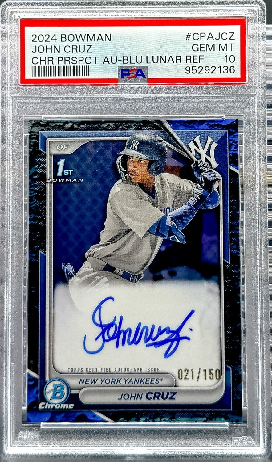 2024 Bowman John Cruz Chrome Prospect Autographs Blue Lunar Ref PSA 10 #/150