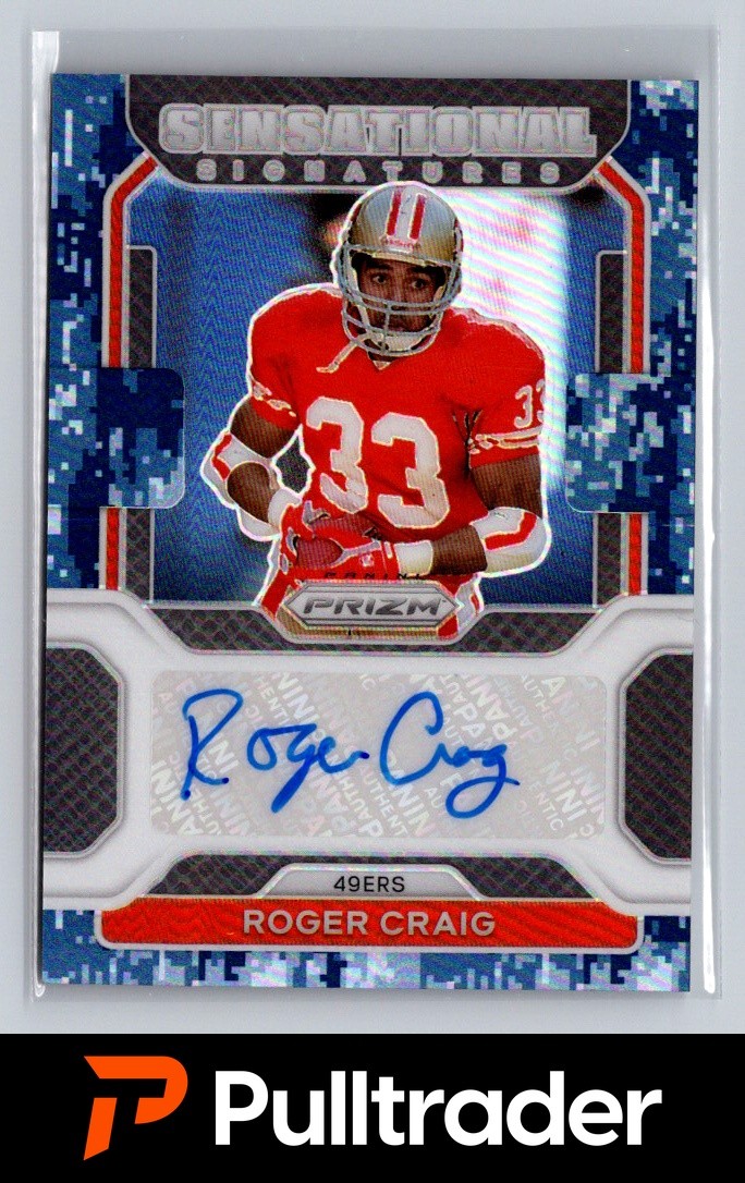 2021 Panini Prizm #SS-RC Roger Craig Sensational Signatures Prizm Navy Camo #/15