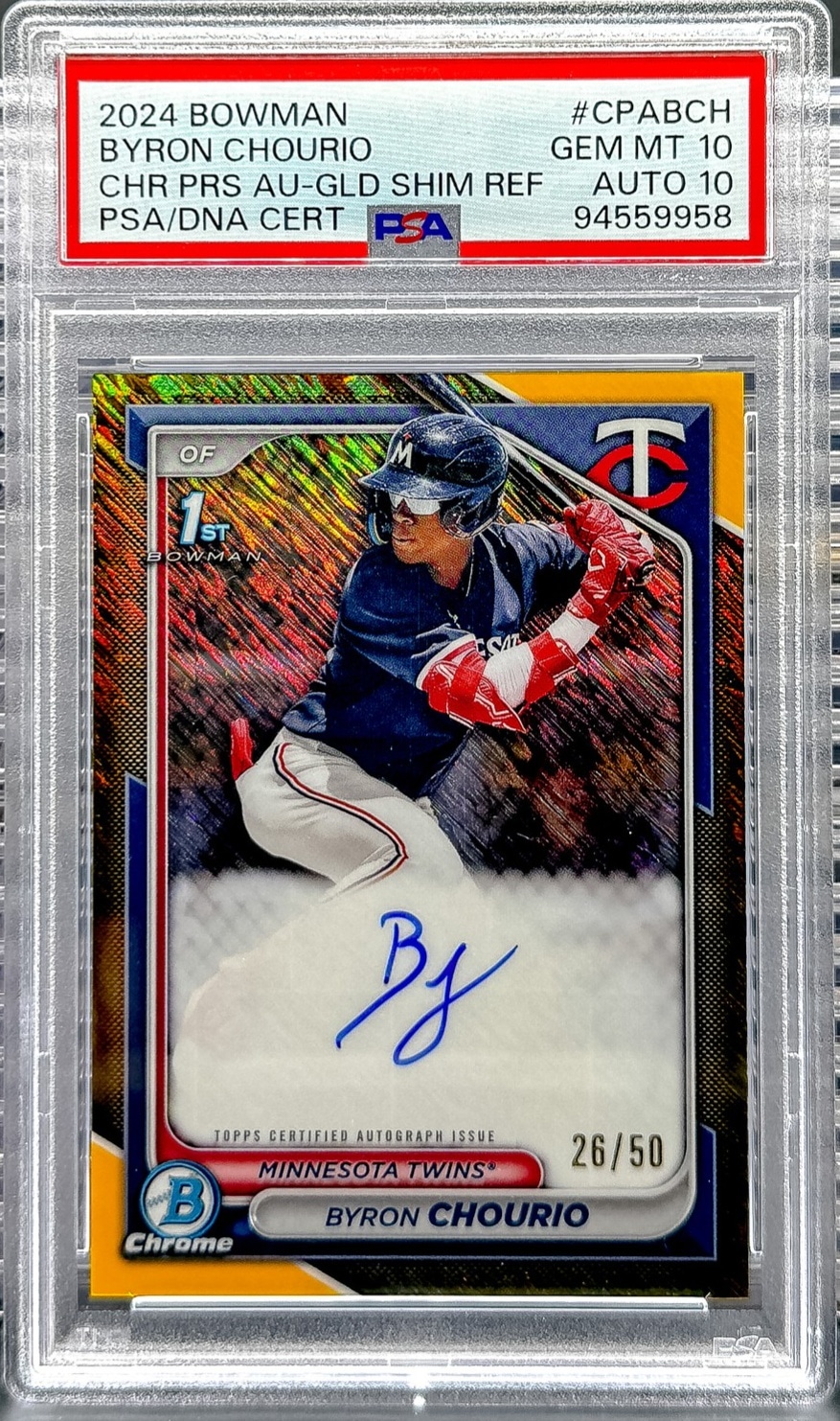 2024 Bowman Byron Chourio Chrome Prospect Autos Gold Shimmer Ref PSA 10 #/50