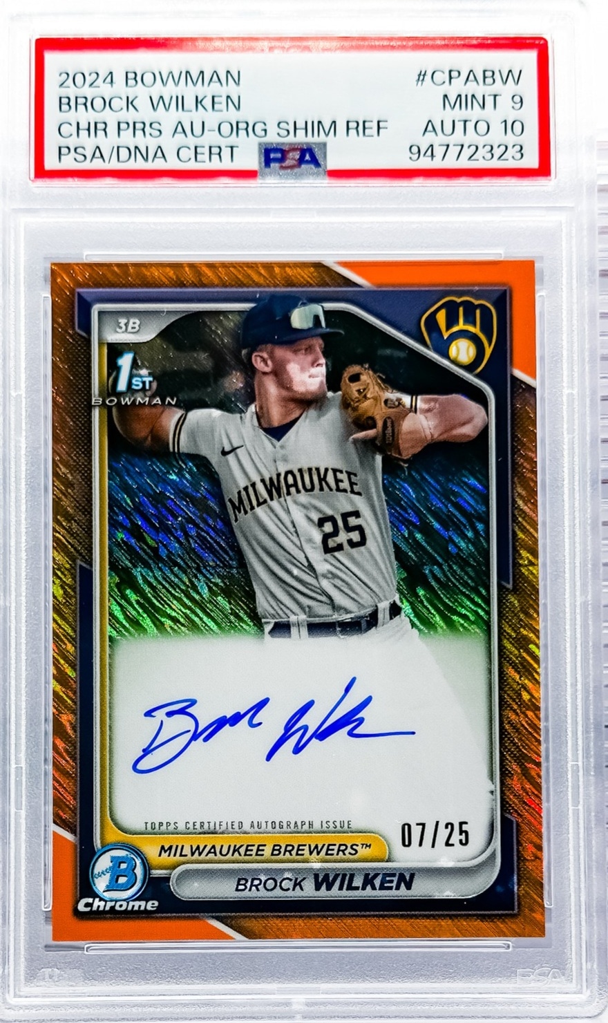 2024 Bowman Brock Wilken Chrome Prospects Autograph Orange Shimmer #/25 PSA 10