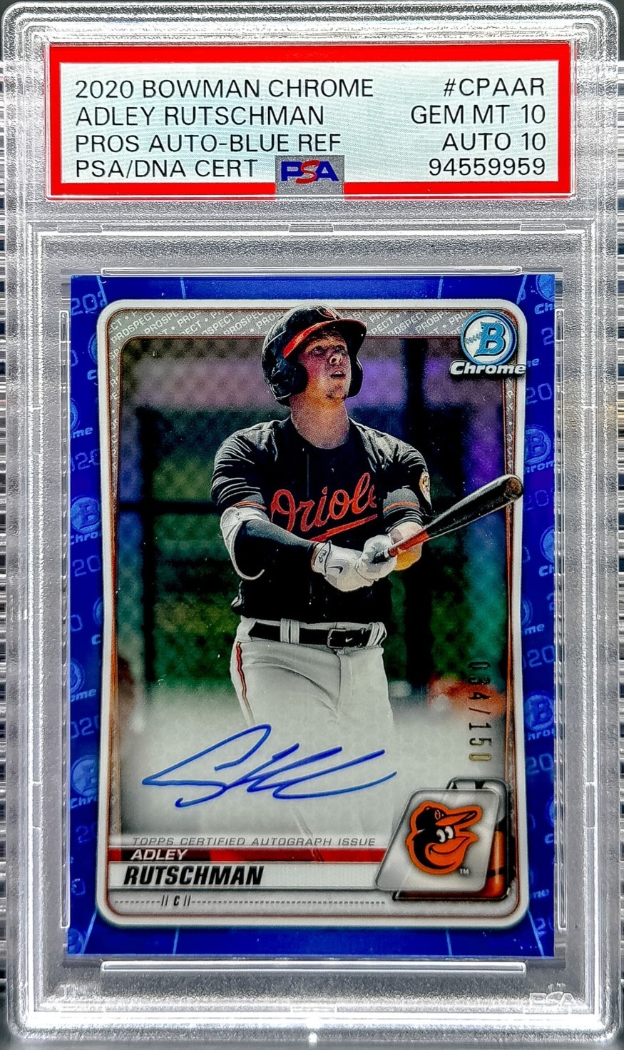2020 Bowman Adley Rutschman Chrome Prospect Autographs Blue Ref PSA 10 #/150