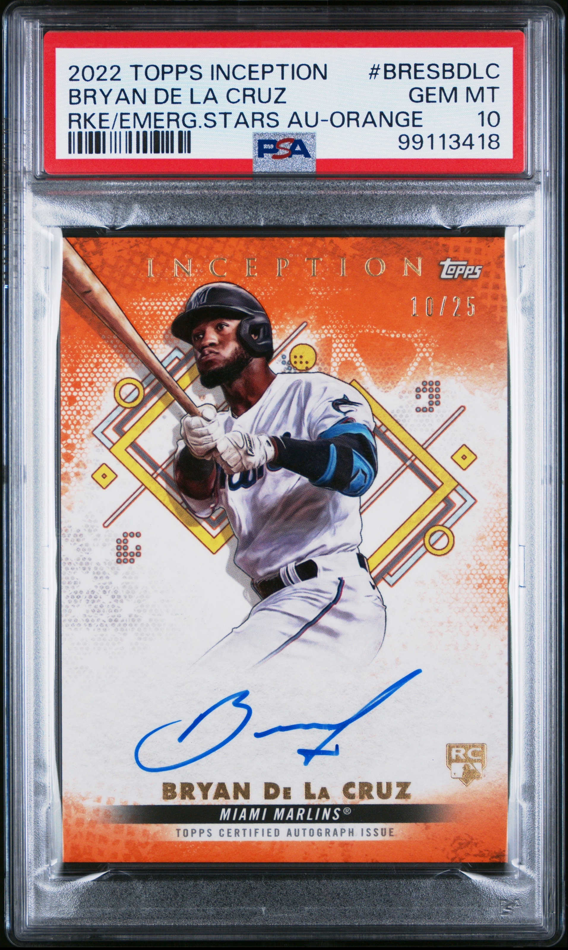 2022 Topps Inception Bryan De La Cruz Auto Orange #/25 PSA 10