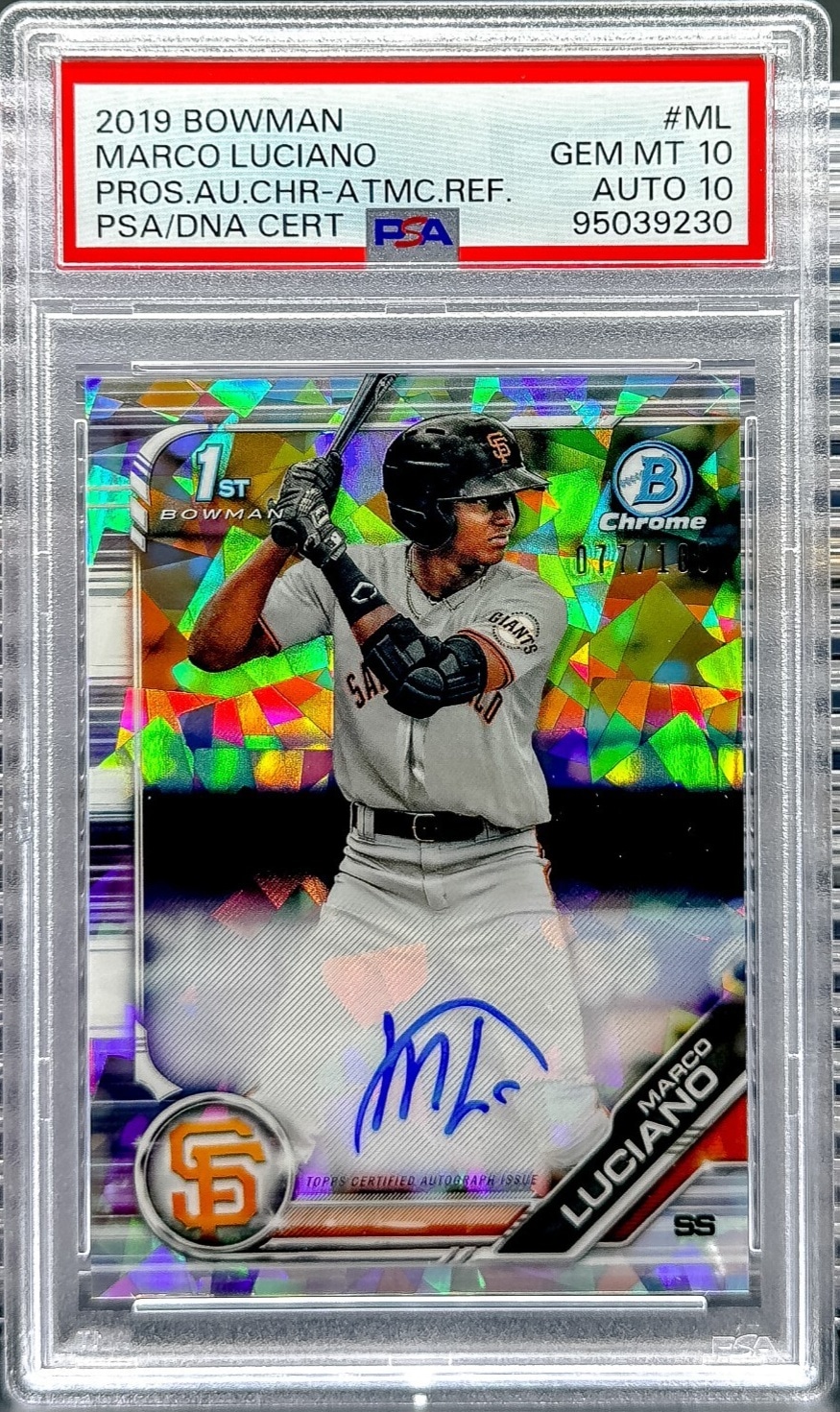 2019 Bowman Marco Luciano 1st Chrome Prospect Auto Atomic Refractor PSA 10