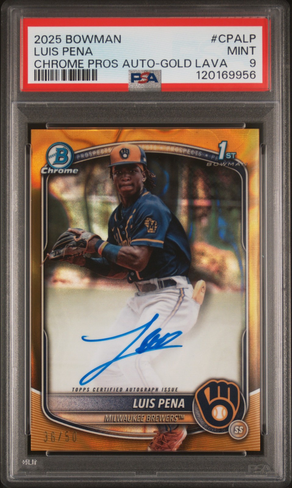 2025 Bowman Luis Pena Chrome Prospects Autographs Gold Lava Refractor #/50 PSA 9