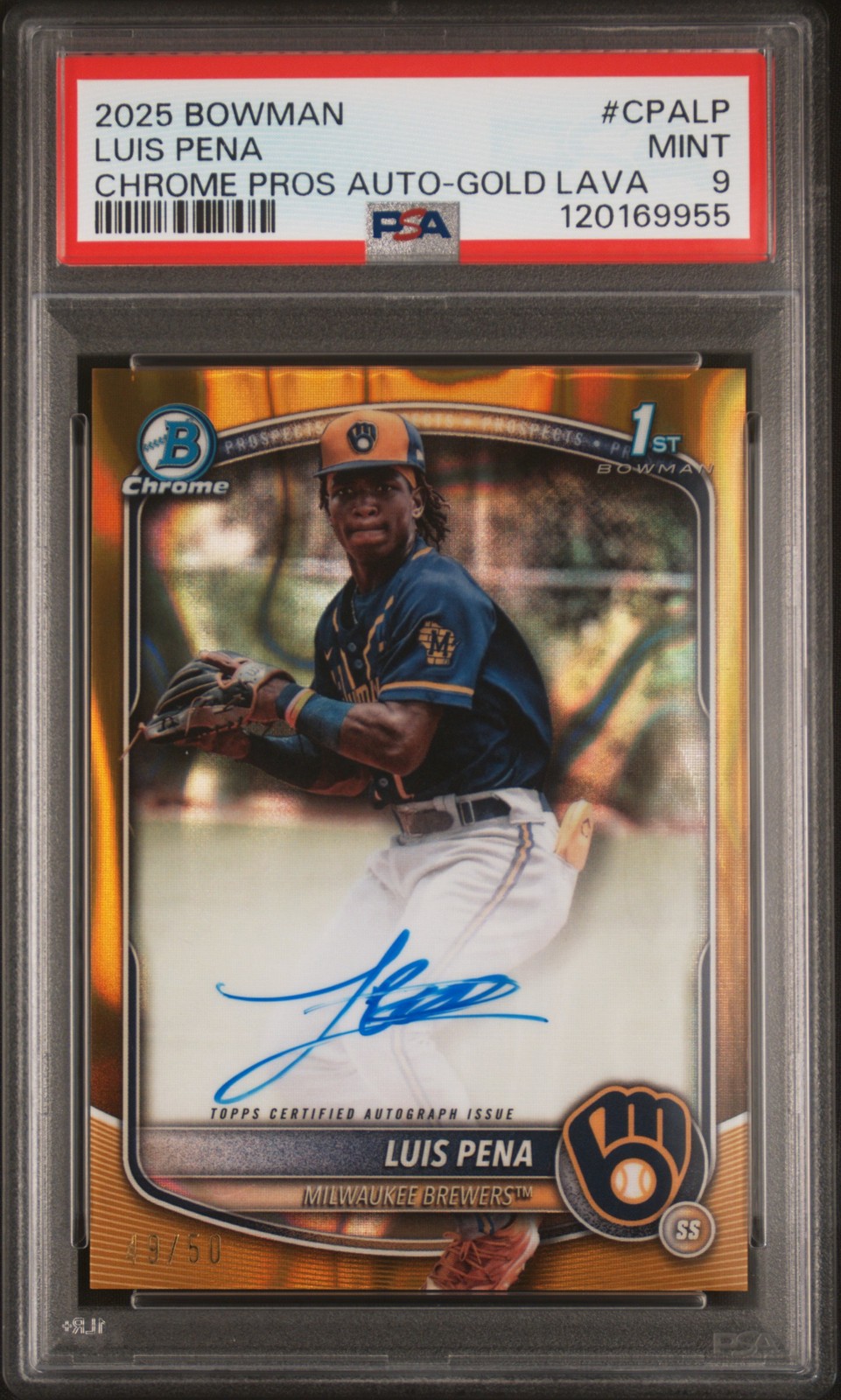 2025 Bowman Luis Pena Chrome Prospects Autographs Gold Lava Refractor #/50 PSA 9