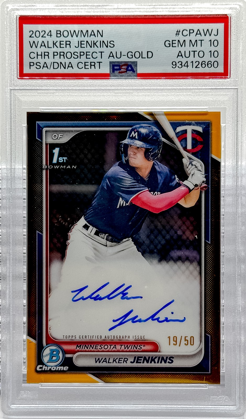 2024 Bowman Walker Jenkins Chrome Prospect Auto Gold Refractors #/50 PSA 10