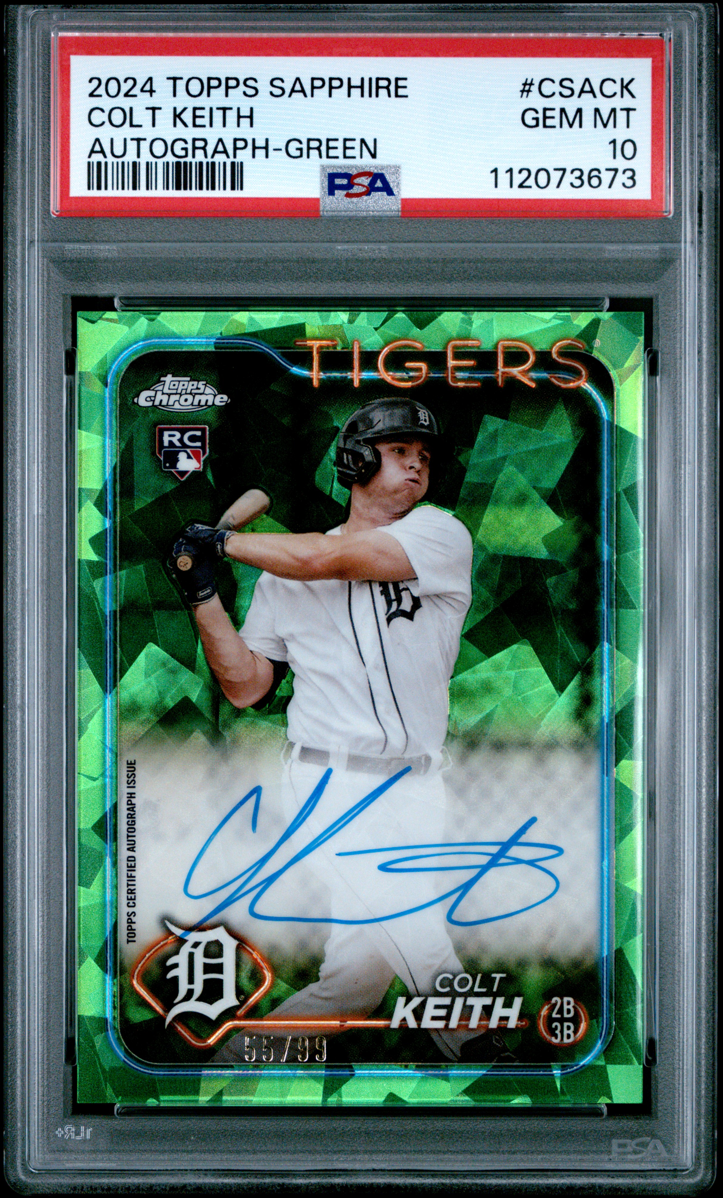 2024 Topps Chrome Sapphire Colt Keith Auto Green Refractor #55/99 PSA 10