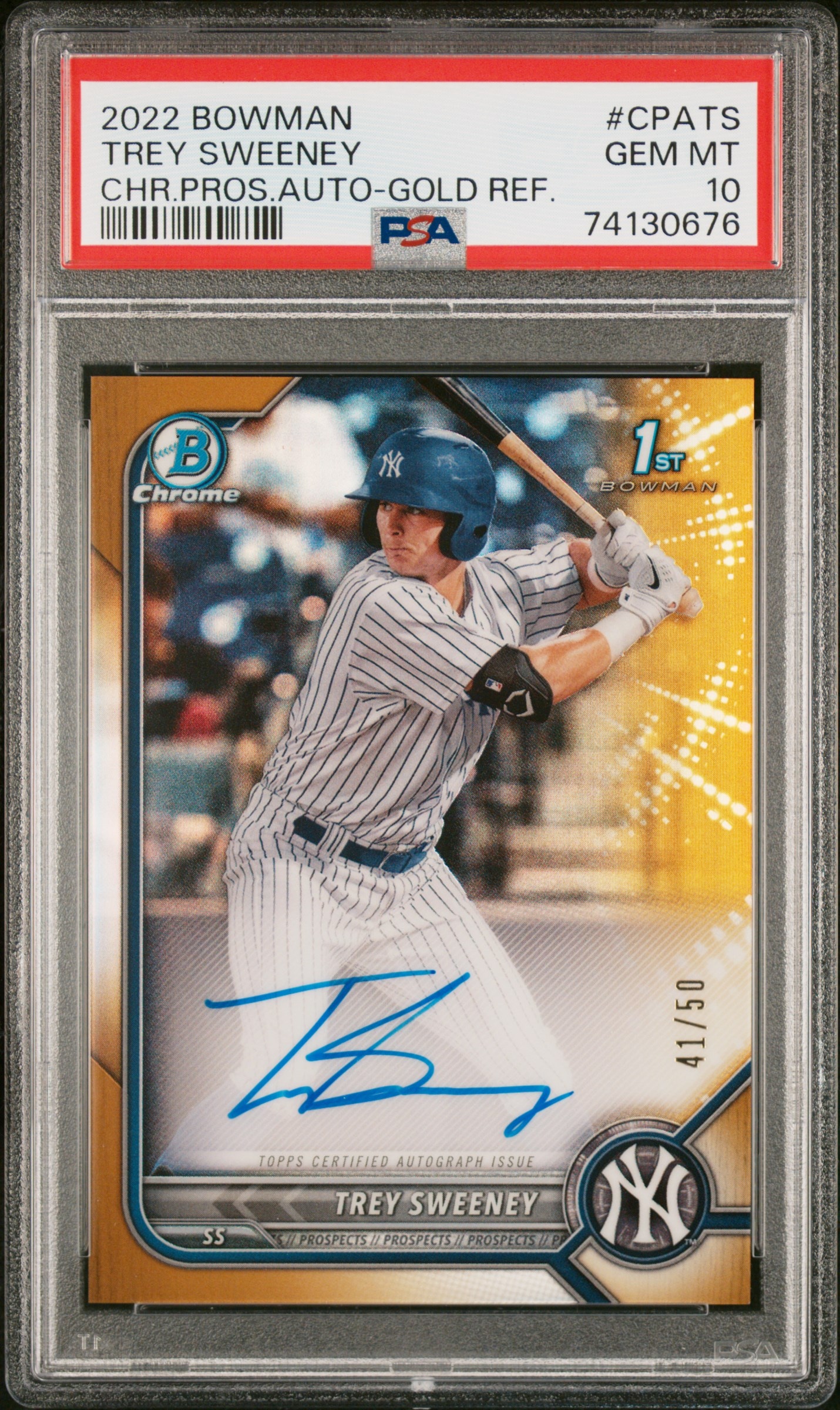 2022 Bowman #CPA-TS Trey Sweeney Chrome Prospect Autographs Gold Ref PSA 10 #/50