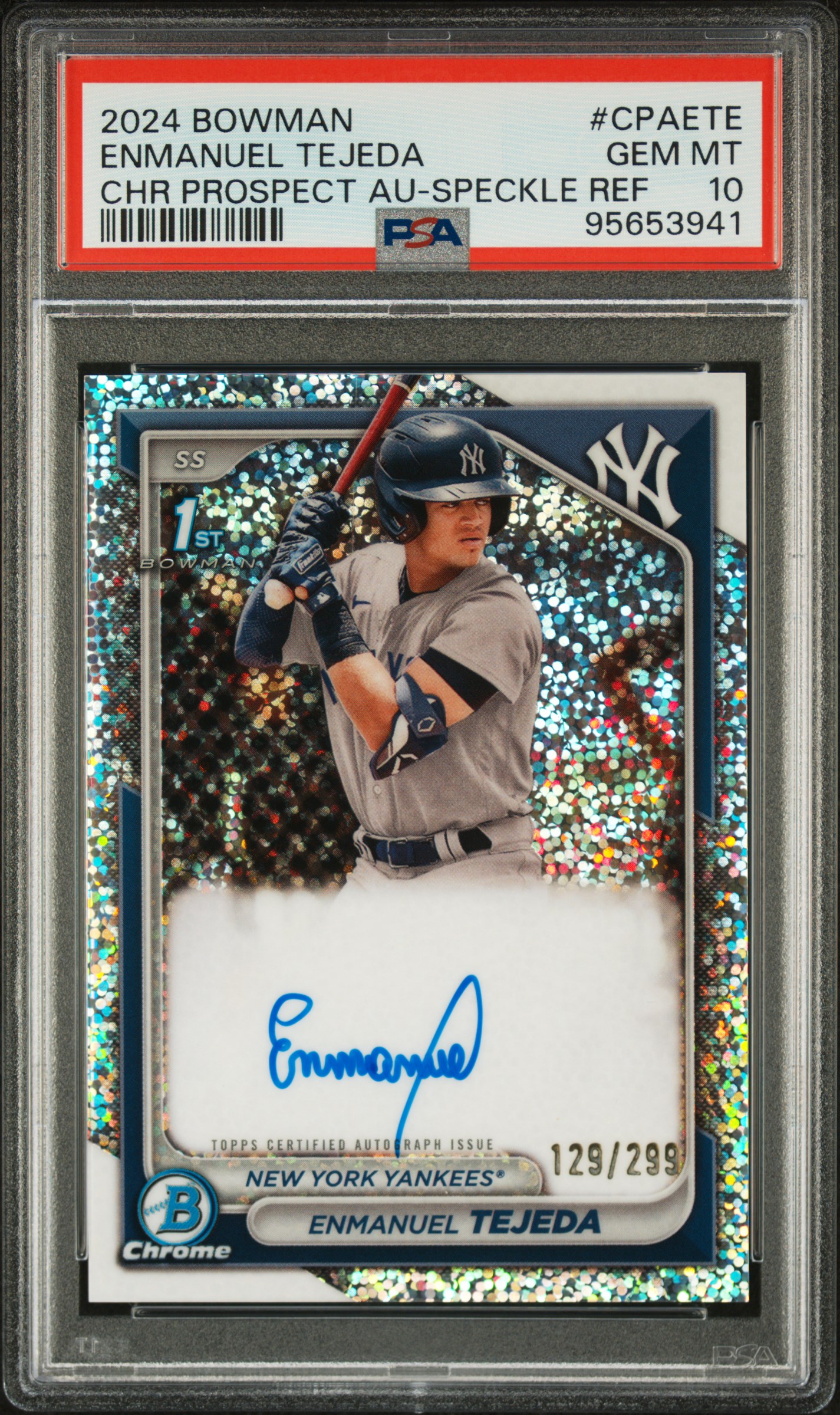 2024 Bowman Enmanuel Tejeda Chrome Prospects Autographs Speckle Ref #/299 PSA 10