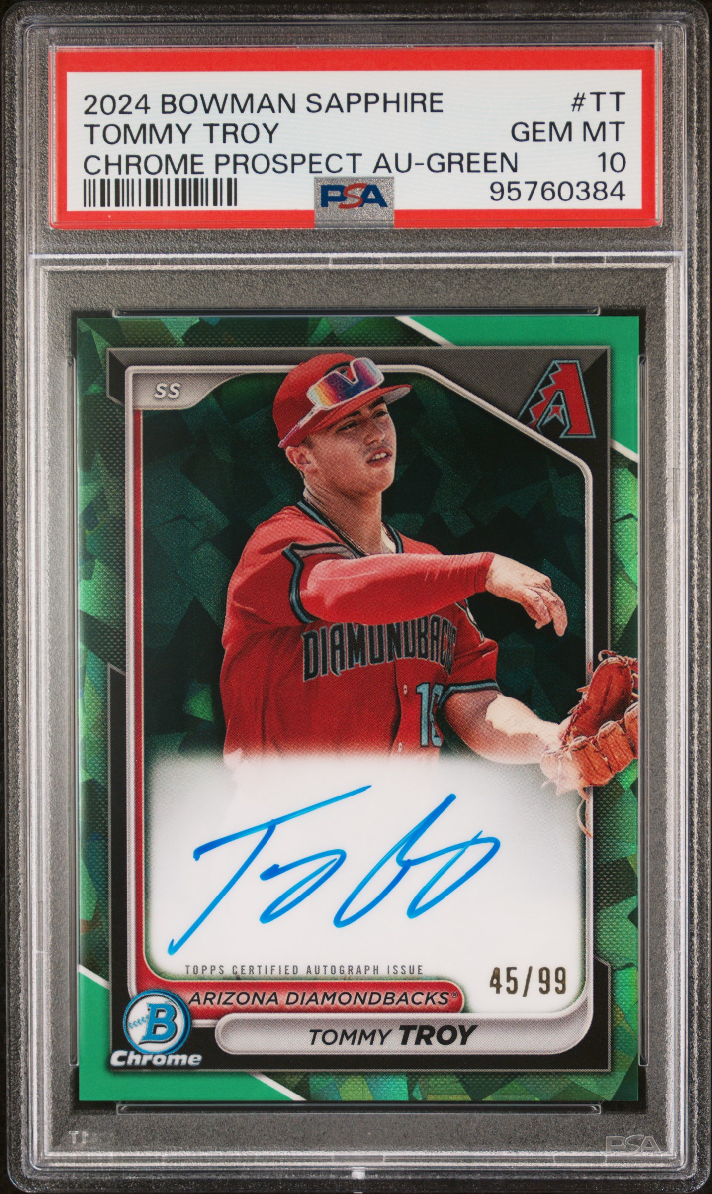2024 Bowman Sapphire Tommy Troy Chrome Prospect Autograph Green #/99 PSA 10