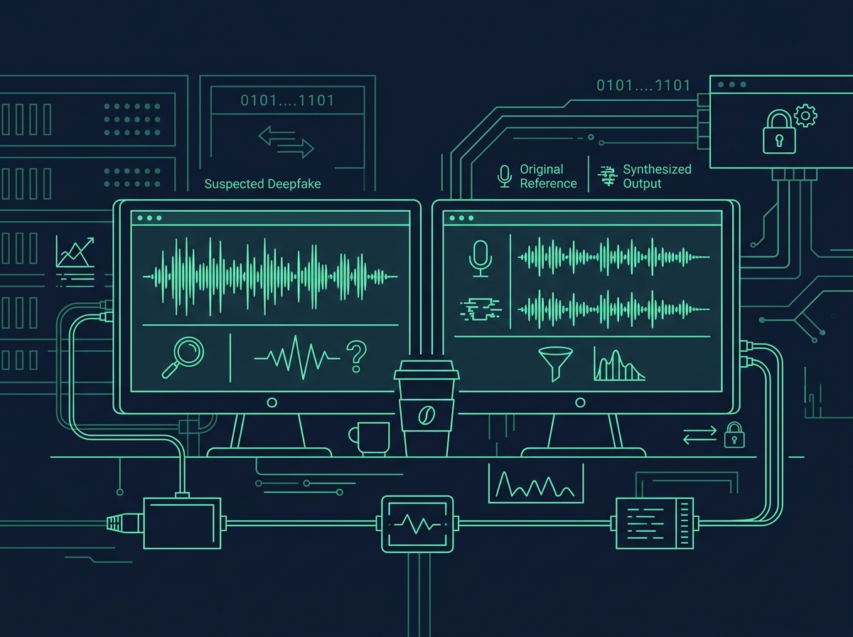 Section image: A software engineer examining a deepfake audio waveform on a dual-monitor…