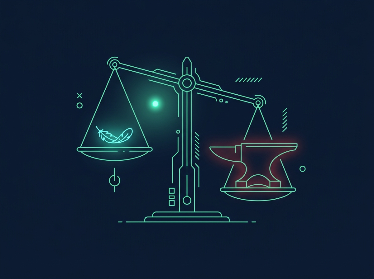 Section image: A pair of balance scales where a tiny feather outweighs a massive iron anvil…