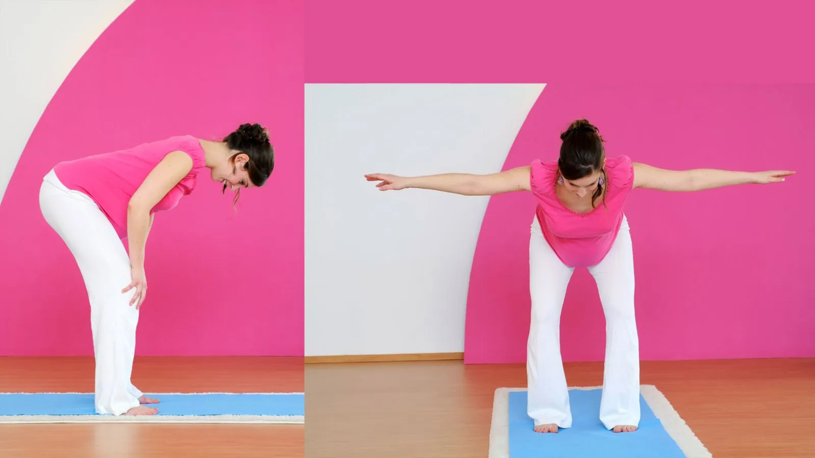 Schwangere in pinkem Shirt und weissen Hosen steht auf einer Yogamatte und macht Yoga