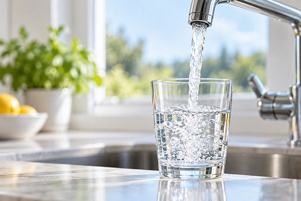 A clean glass full of drinking water sits on a kitchen counter near a faucet