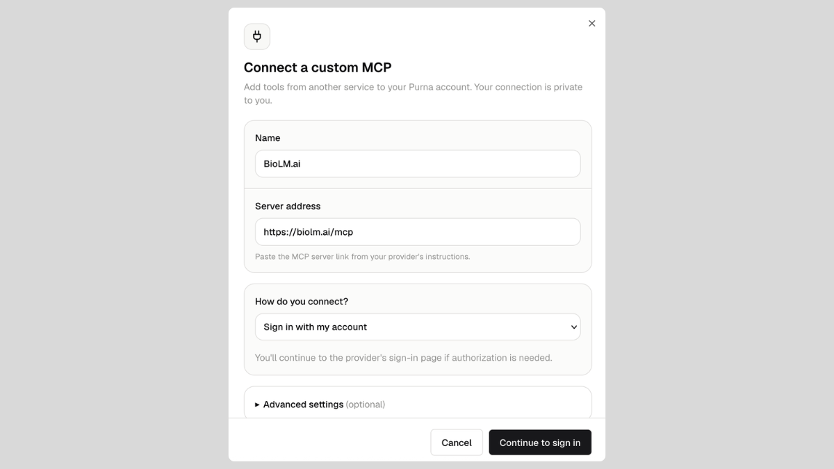 Connect a custom MCP service in Purna Library