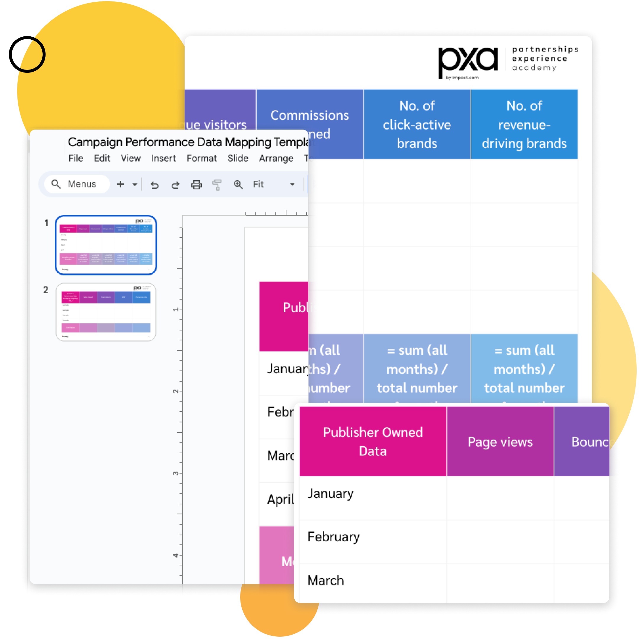 Preview of PXA’s Campaign Performance Data Mapping Template for Publishers, free to download for Google Slides below