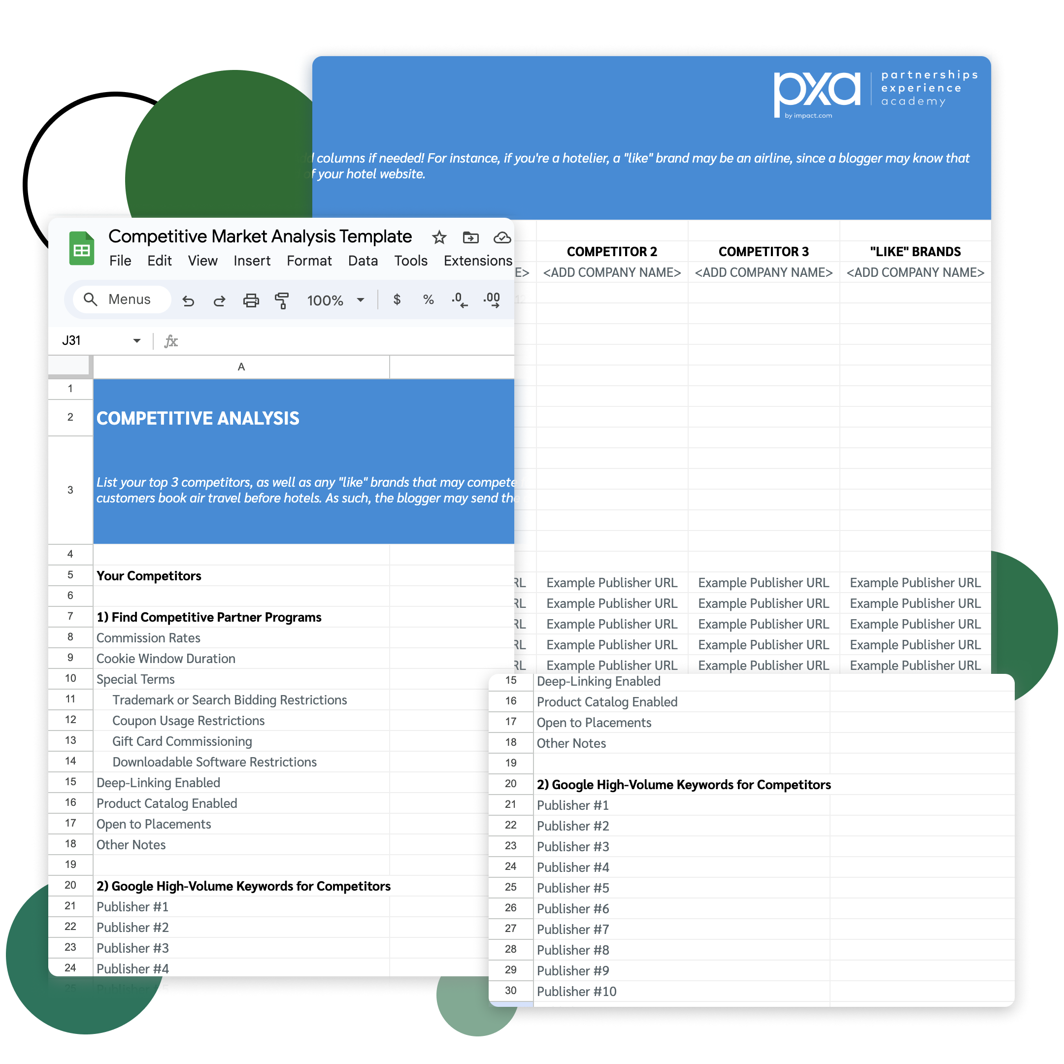 Preview of PXA’s Competitive Market Analysis Template, free to download for Google Sheets below