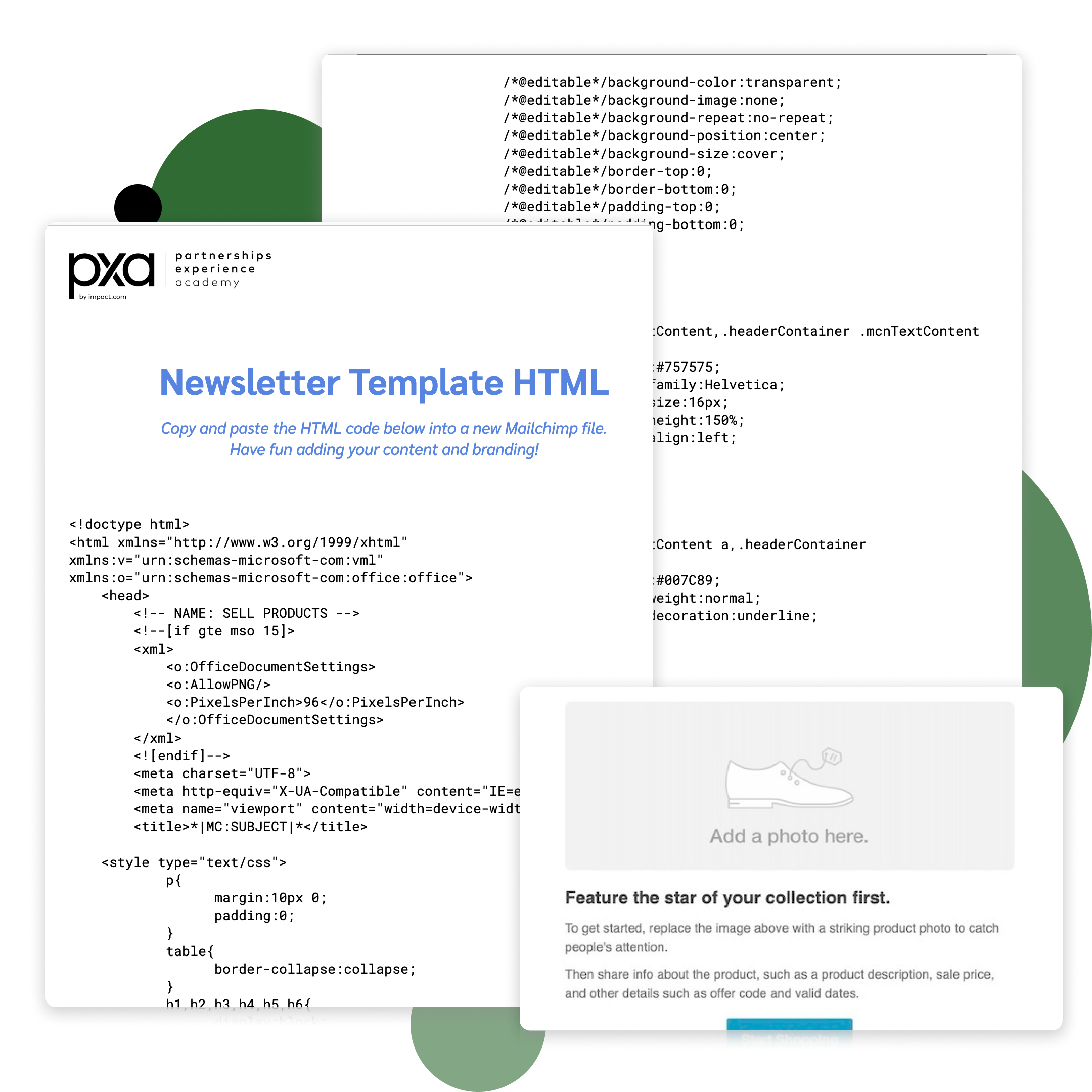 Preview of PXA’s Mailchimp Newsletter Template, free to download for Google Docs below