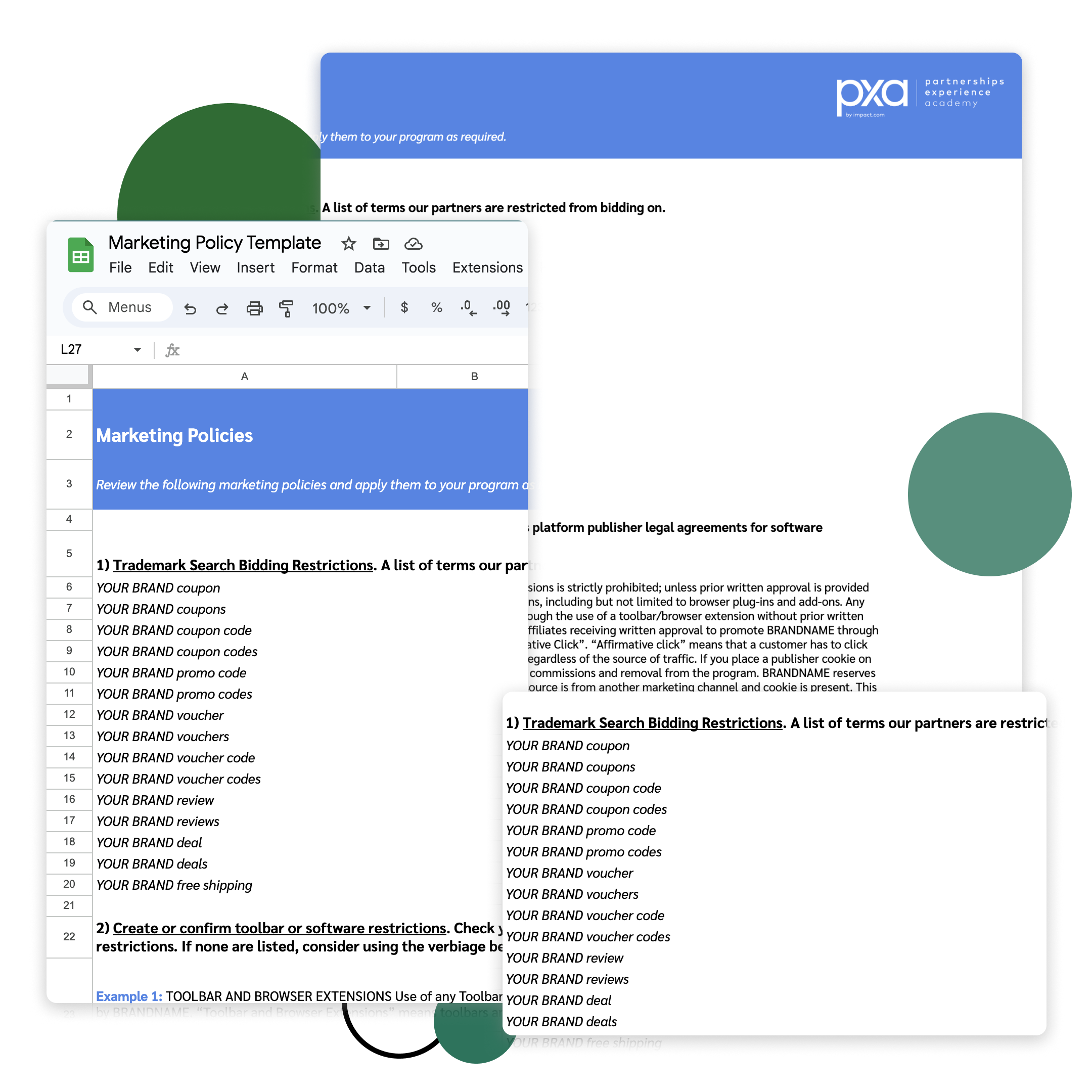 Preview of PXA’s Marketing Policy Template, free to download for Google Sheets below