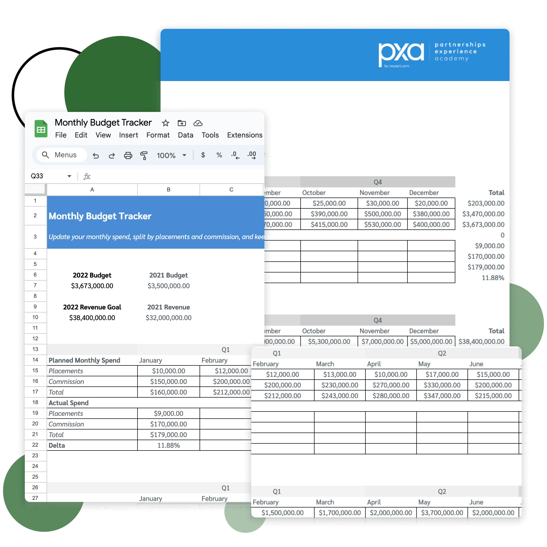 Preview of PXA’s Monthly Budget Tracker Template, free to download for Google Sheets below