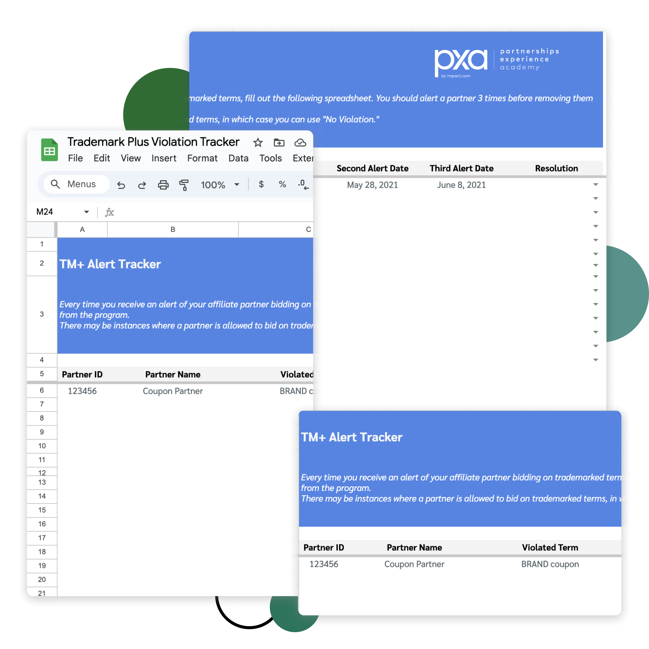 Preview of PXA’s Trademark Plus Violation Tracker, free to download for Google Sheets below