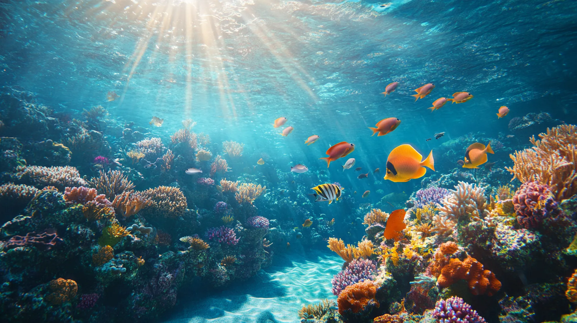 A beautiful underwater scene with sunlight filtering through the water, showcasing vibrant coral reefs and various colorful fish.