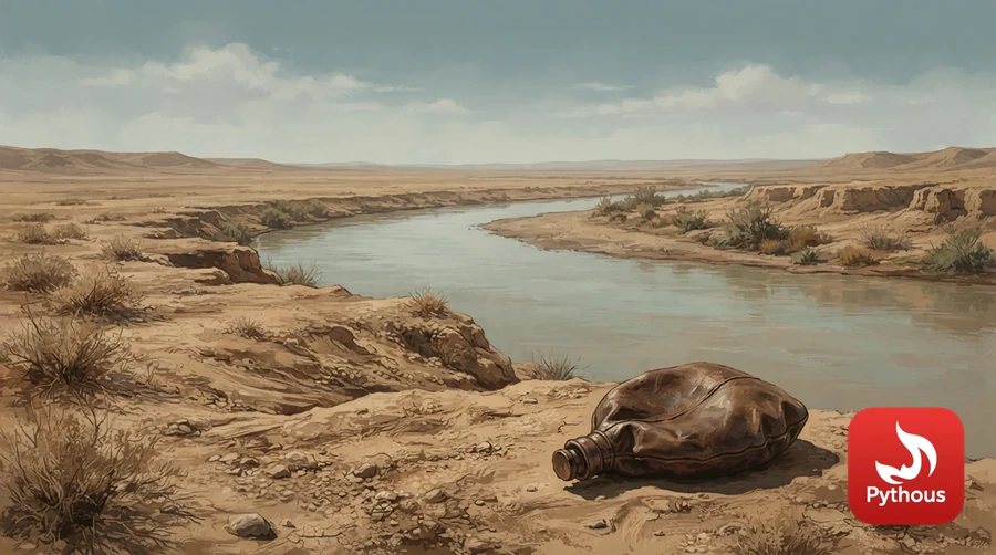 The Euphrates flowing through a desert plain, an empty water skin on the bank