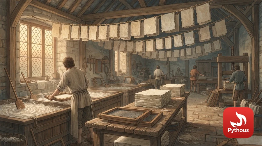 Sheets of handmade paper drying on lines in a medieval workshop