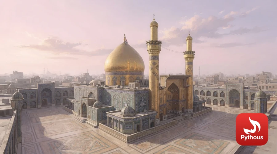 The golden dome and minarets of the Imam Ali Shrine in Najaf at dawn
