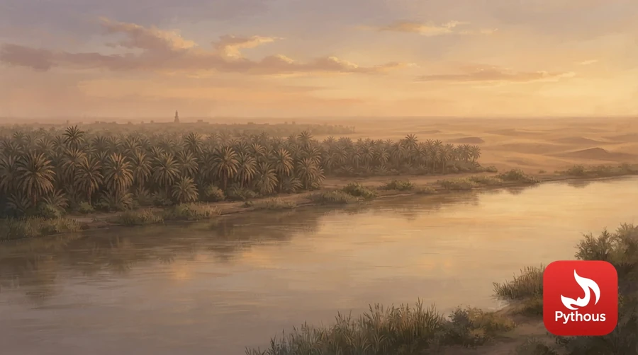 Palm groves along the Euphrates near Kufa at sunset