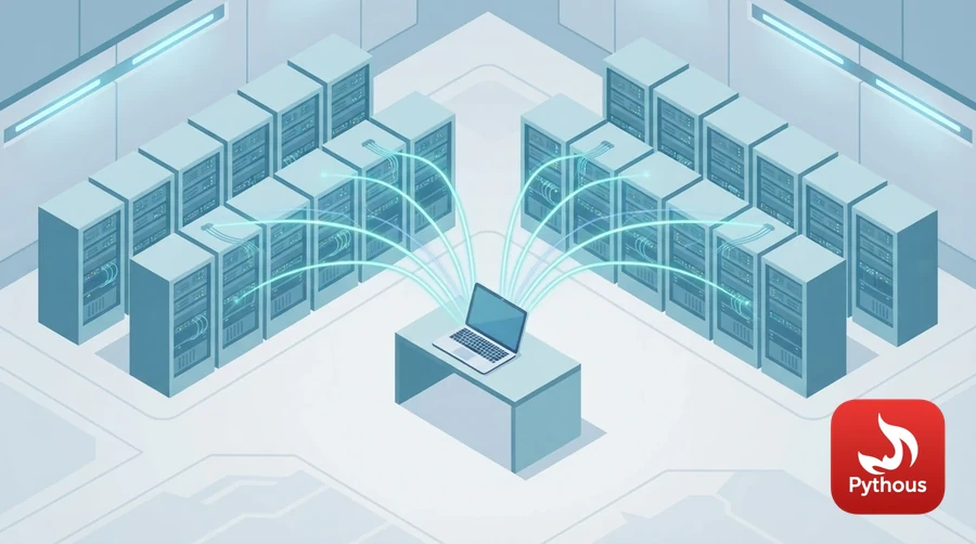 One laptop sending connection lines to rows of servers