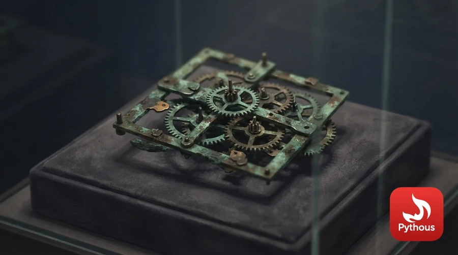 A corroded bronze mechanism of interlocking gear wheels under museum lighting