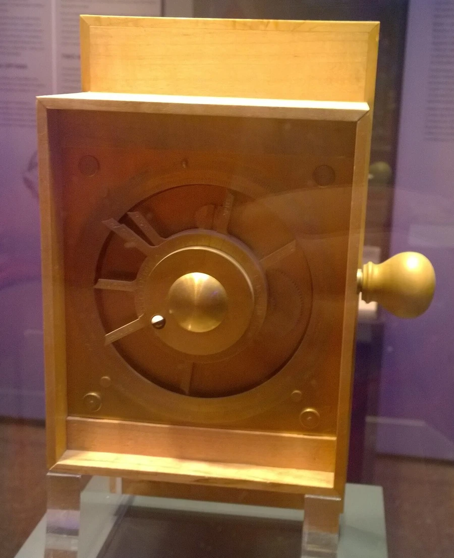 A bronze reconstruction of the Antikythera mechanism with its front dial