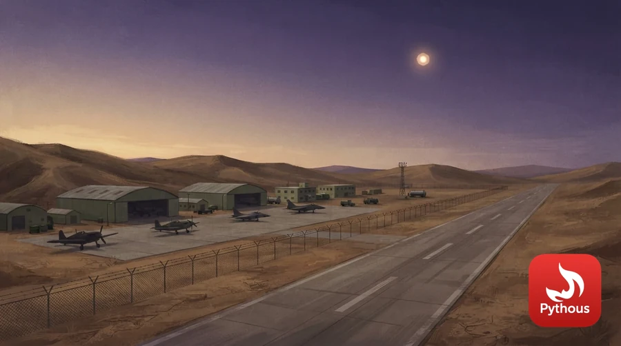 A remote desert airbase at dusk with a long runway and a strange light in the sky
