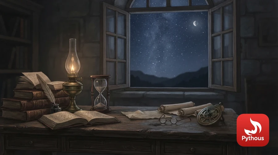 A philosopher's desk with an oil lamp, old books and an hourglass beneath a starry window