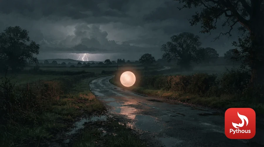A glowing orb of light hovering over a wet country road during a thunderstorm