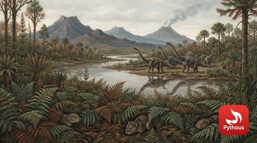 Dinosaurs by a river with volcanoes in the distance and small mammals among ferns