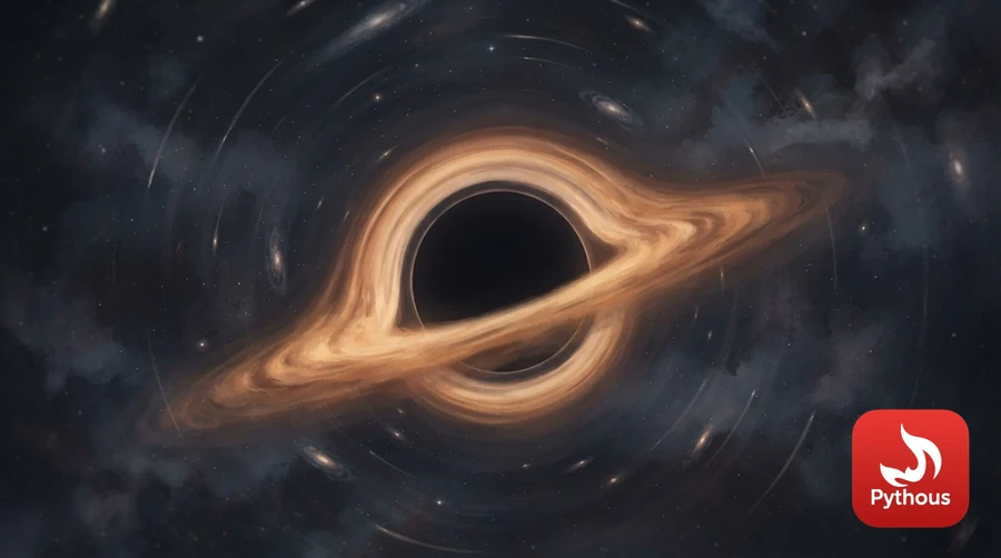 A black hole with a glowing orange disk bending starlight around it