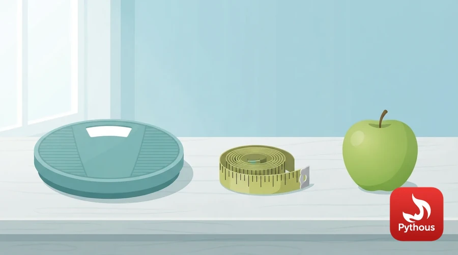 A bathroom scale, a coiled tape measure and an apple on a light table
