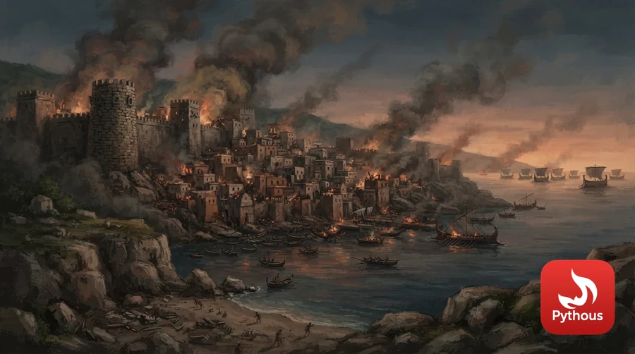 A burning coastal city with ships on the horizon
