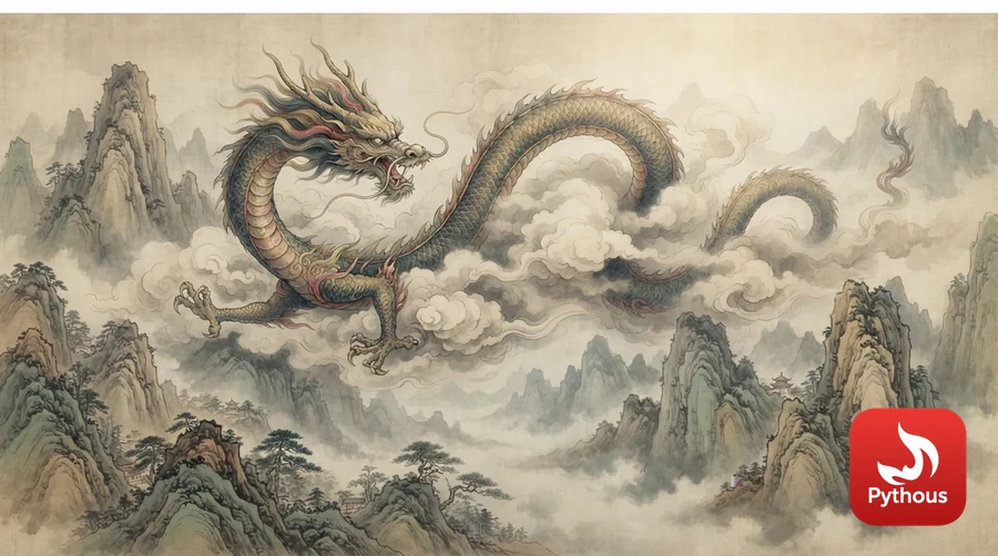 A long Chinese dragon winding through clouds above misty mountain peaks