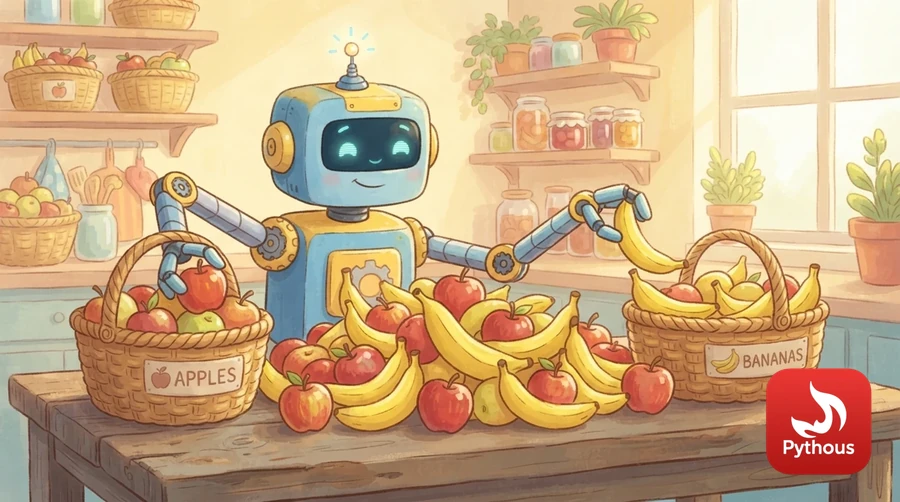 A friendly cartoon robot sorting apples and bananas into two baskets