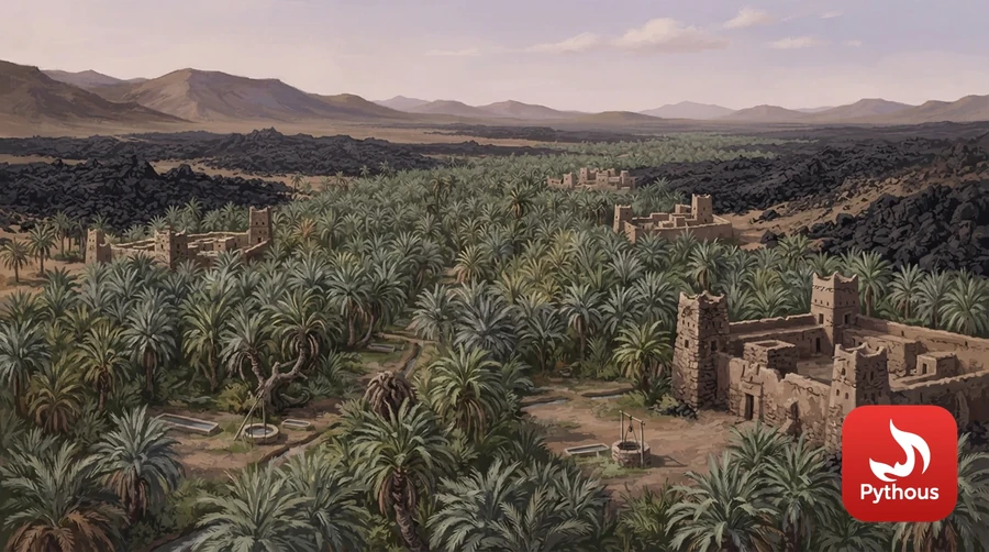The Medina oasis with date palms, wells and fortified farmsteads