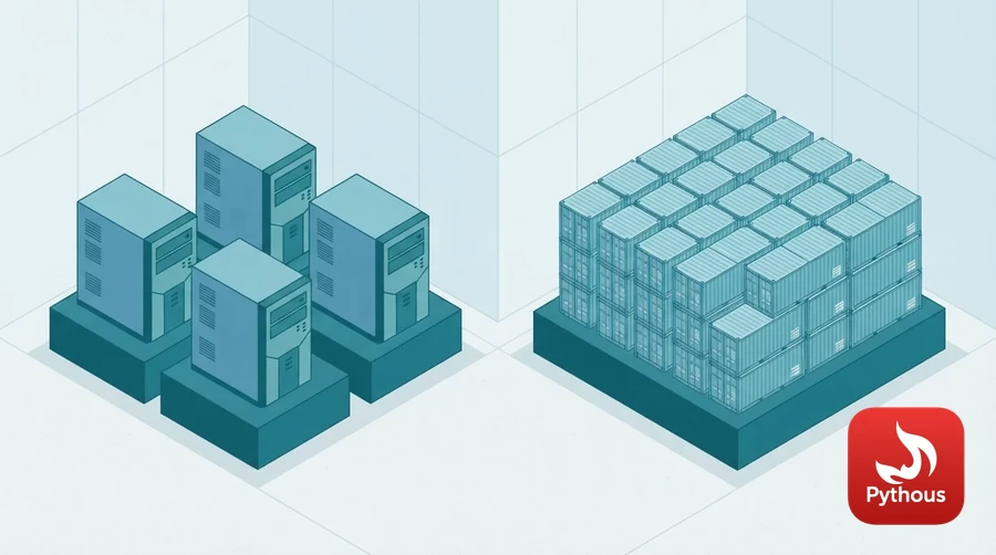Heavy separate computer blocks on the left, small containers sharing one base layer on the right