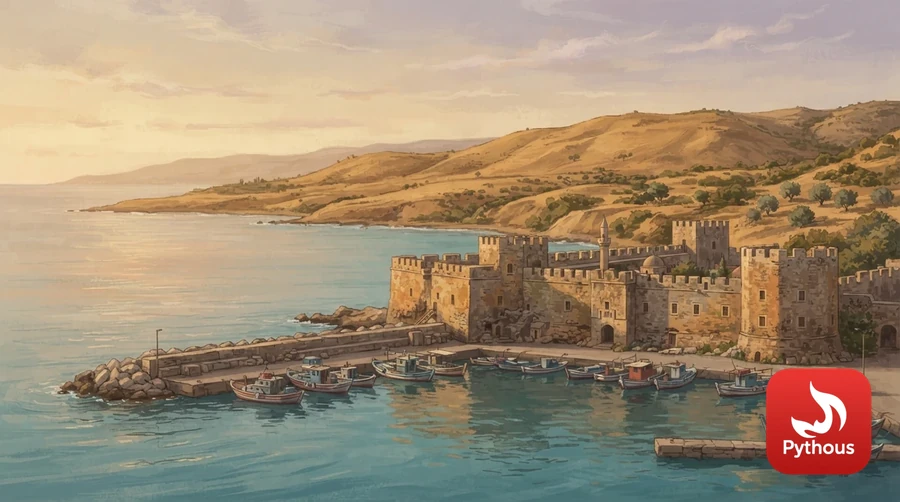 A medieval stone harbour fortress on the coast of Cyprus beside a turquoise sea