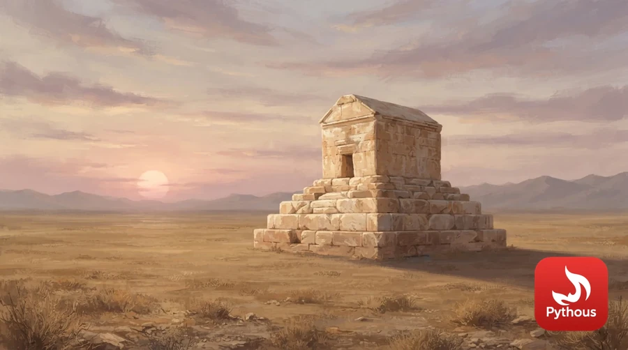 The stepped stone tomb of Cyrus the Great on an empty plain at sunset