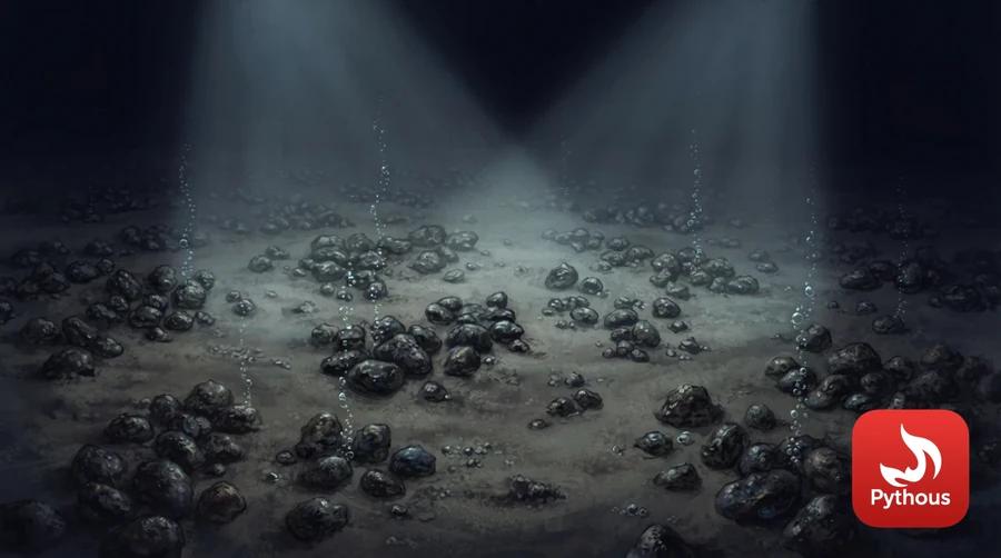 Dark metal nodules covering the deep-sea floor, lit by a submersible's lights