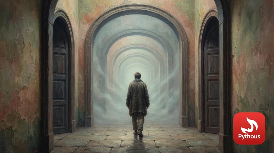 A person walking down a corridor of repeating identical doorways fading into mist